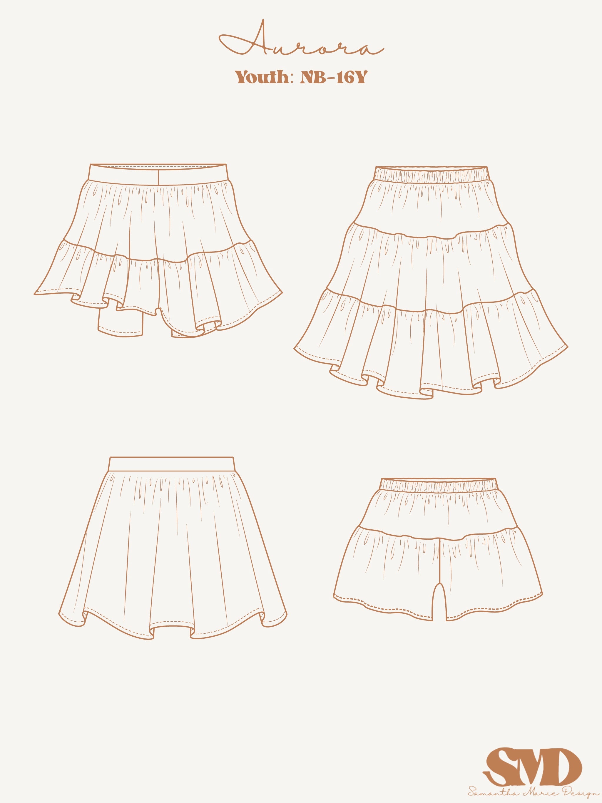 Youth Aurora Skirt and Skort Digital Sewing Pattern Sizes NB-16Y